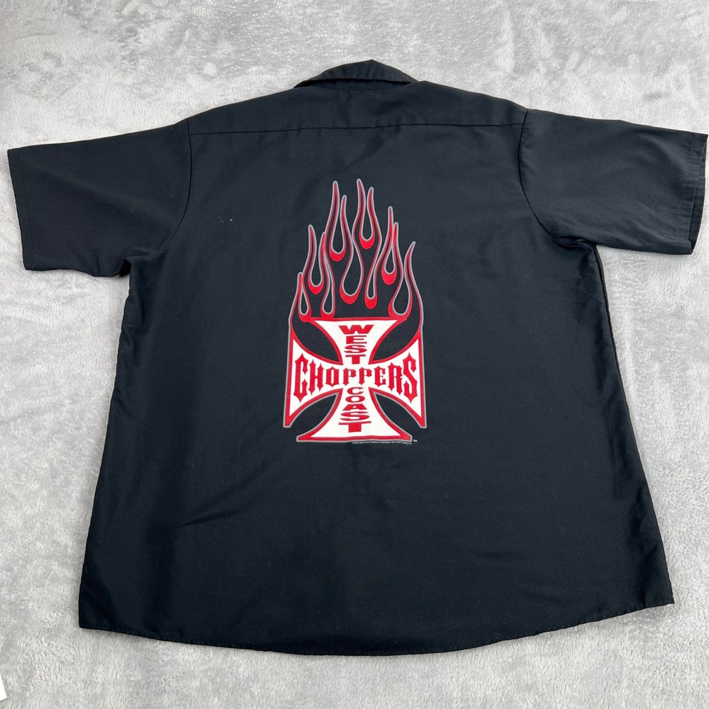 West Coast Choppers Flame Cross Work Shirt XL Black Men Y2K Red Kap Cisco Patch